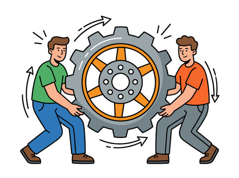 Two men rotating a large gear wheel together representing teamwork business mechanism system and collaboration concept vector illustration isolated on white background
