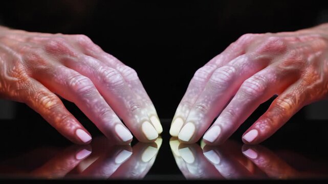 Glowing Human Hands Touching a Reflective Dark Surface with Bioluminescent Subsurface Luminescence