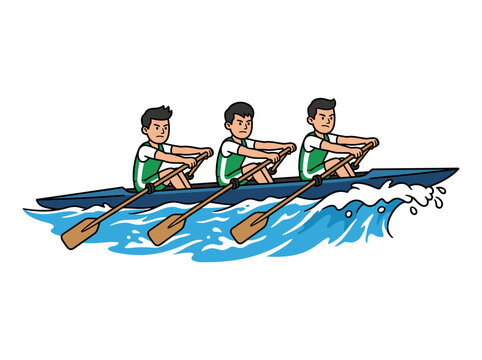 Three men rowing a boat together on ocean wave representing teamwork effort business leadership and collaboration concept vector illustration isolated on white background