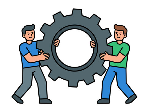 Two men holding a large gear together representing teamwork business integration process and collaboration concept vector illustration isolated on white background