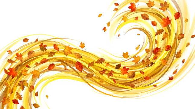 Abstract yellow wind swirls with autumn leaves isolated on PNG background.