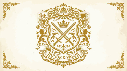 Elegant golden heraldic crest with crossed swords and royal crown on a vintage background. © Abhinaya Project