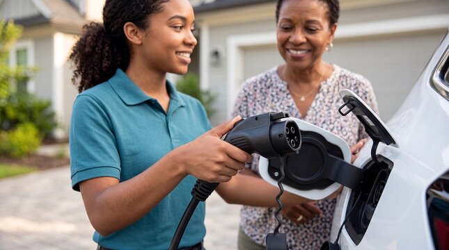 ev charging technician woman senior customer electric vehicle home service specialist explains a connector to an older driver for clean mobility adoption installation support and energy campaigns