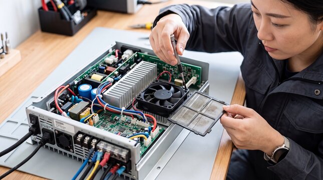 electronics repair technician woman circuit board fan maintenance workshop technology specialist cleans and services power equipment for training skilled careers product support and reuse campaigns