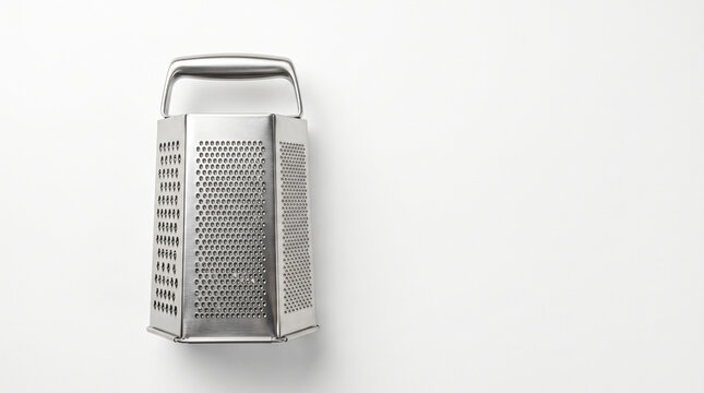 A stainless steel box grater isolated on a clean white background.