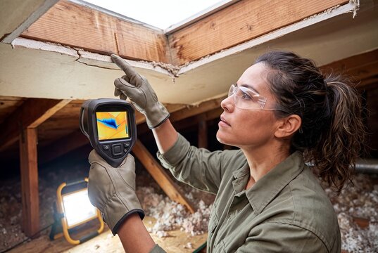roof thermal imaging inspector woman attic energy audit heat loss female specialist scans damaged framing and insulation for retrofit planning building safety weatherization and conservation campaigns