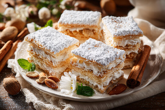 Classic Spanish puff pastries filled with delicate cream and dusted with powdered sugar
