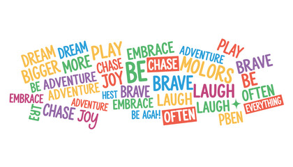 Fototapeta premium Colorful vector word cloud banner filled with motivational words like dream bigger laugh chase joy and embrace brave.
