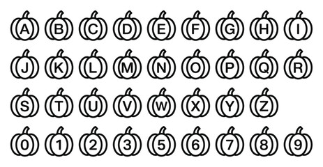 Fototapeta premium ハロウィーン教育用のかわいいカボチャ内のアルファベットと数字セット