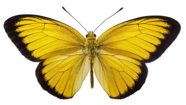 Bright yellow butterfly with black wing edges, isolated on transparent background