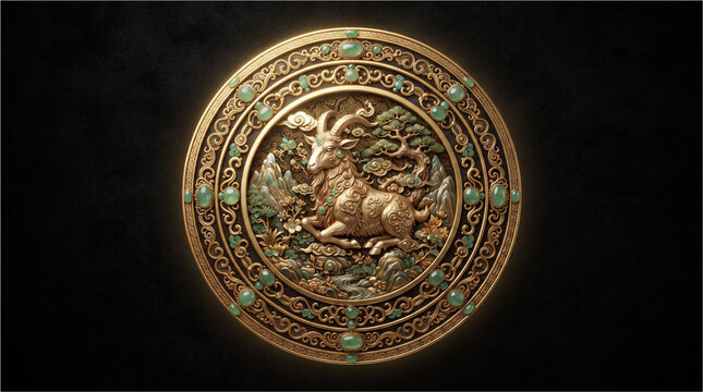 Golden Capricorn zodiac medallion. Ornate astrological symbol with intricate metal relief.
