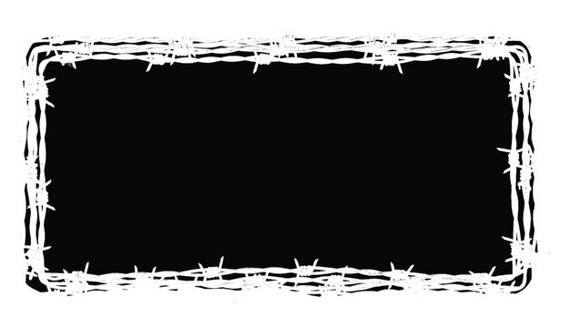Black rectangle within a barbed wire frame on white background.