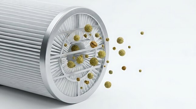 A close-up view of an air filter capturing microscopic pollen grains, illustrating an effective solution for managing hay fever visuals in a home environment.