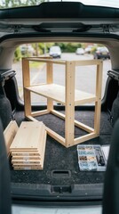 Fototapeta premium A minimalist pine bookshelf structure rests inside a car trunk