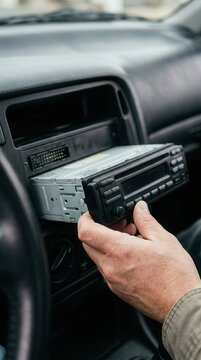 Technician Carefully Installing a Car Stereo Head Unit into the Dashboard Console for Automotive Audio System Upgrade and Maintenance