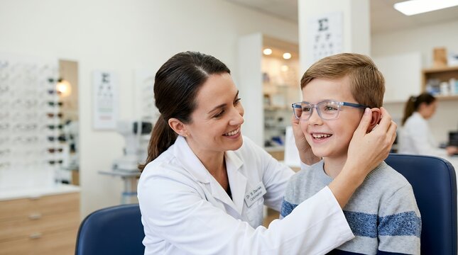 Optometrist fitting glasses on a young boy. Pediatric eye exam in a modern medical clinic.