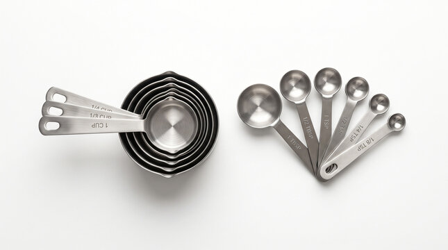 Set of stainless steel measuring cups and spoons isolated on white background.