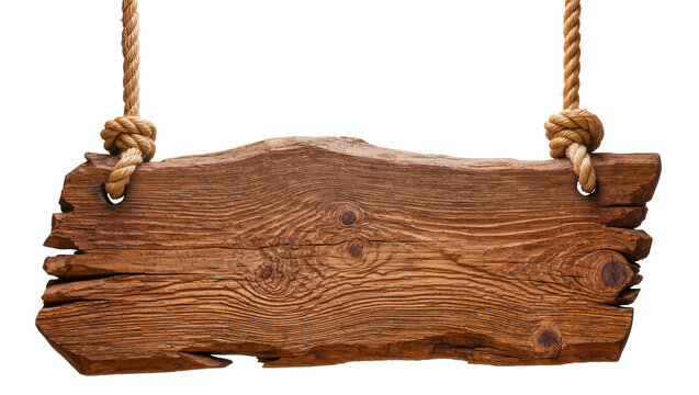 Rustic wooden plank sign with rough edges hanging by rope, isolated on transparent background