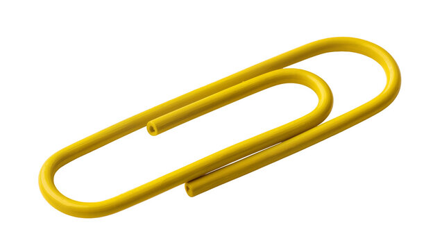 Bright yellow metal paperclip holding papers together, isolated on transparent background