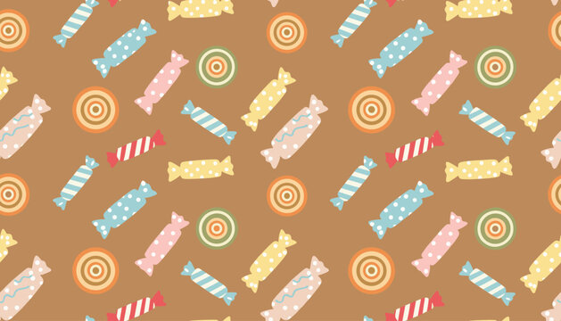 Colorful wrapped sweet candies and round peppermint wheels seamless pattern on warm brown background.
