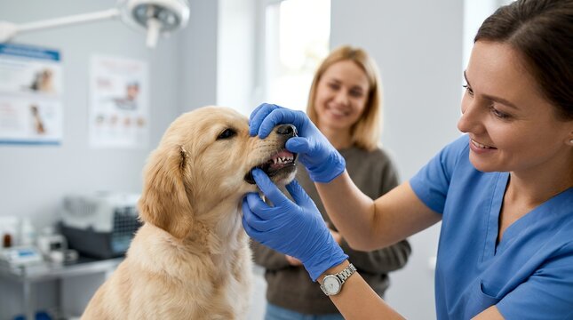 Veterinarian examining golden retriever puppy teeth during checkup. Female vet performing oral health inspection on young dog at pet clinic.