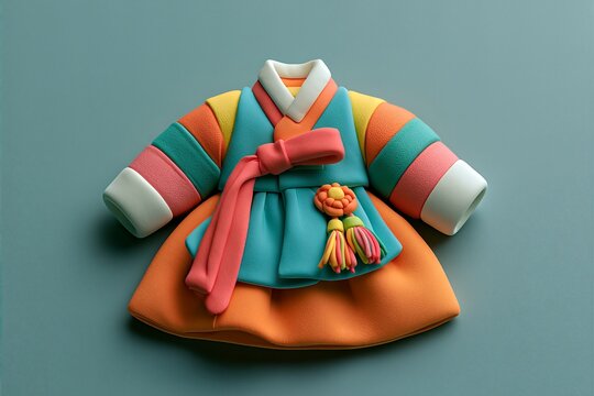Cute 3D clay colorful saekdong Korean hanbok on a teal background with copy space
