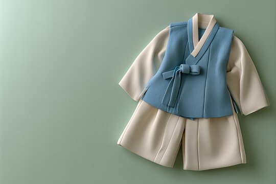 Cute 3D clay boy's Korean hanbok in blue and cream on a green background with copy space
