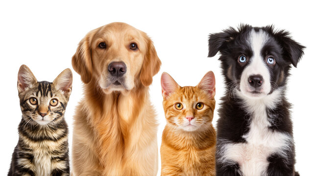 Four domestic pets a tabby kitten golden retriever ginger cat and border collie puppy, isolated on transparent background