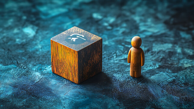 A panoramic photograph of a wooden cube with a handshake image printed on its top edge.
