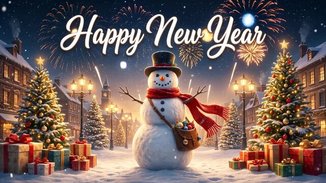 Snowman in a snowy village with fireworks, gifts, and Happy New Year greeting