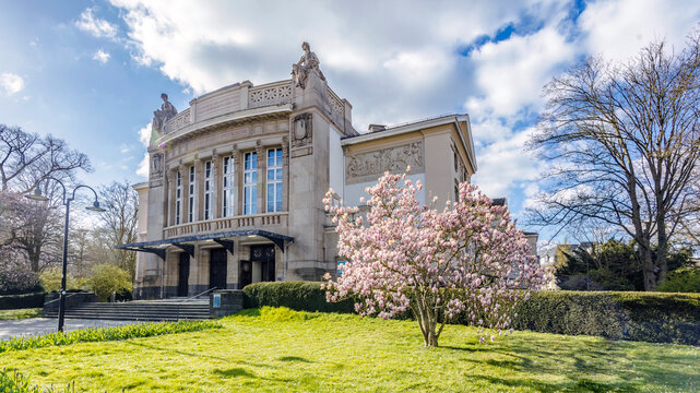 GIESSEN Building of Theatre with magnolia blossom in springtime