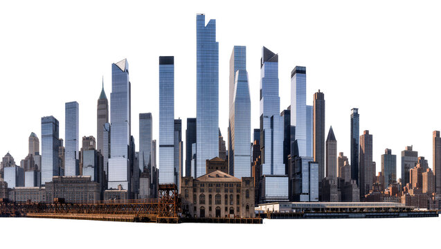 Modern glass skyscrapers and historic buildings, isolated on transparent background