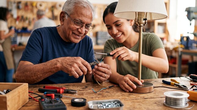 repair cafe senior mentor woman lamp community skills electronics workshop older craftsman teaches a young volunteer to fix household equipment for reuse learning and circular economy campaigns