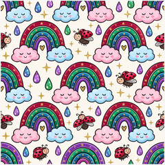 Fototapeta premium Seamless vector pattern with cute ladybugs and rainbows and smiling clouds for kids room decor