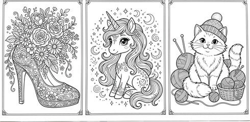Obraz premium Mandala Coloring Page Vector Set Featuring High Heel Shoe Floral Bouquet, Cute Magical Unicorn, and Winter Cat with Yarn Balls for Art Therapy