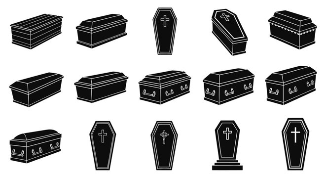 Black coffin vector set with 14 funeral casket icons, gothic burial box silhouettes with crosses, cemetery and mortuary design elements for halloween