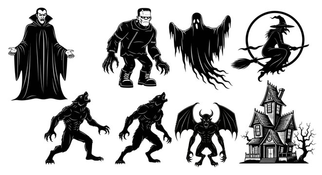 Vintage Halloween monster silhouettes set, 8 black vector icons of vampire, werewolf and ghost, spooky haunted house and witch illustrations