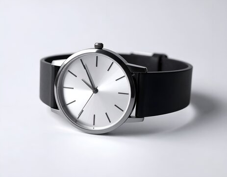 Minimalist silver wristwatch with a black silicone strap on white background