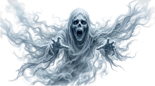 Terrifying screaming ghost with flowing tattered robes isolated on transparent background