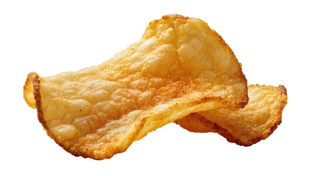 Golden crispy potato chips with textured surface, isolated on transparent background
