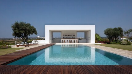 Fototapeta premium Modern poolside scene with clear water reflecting a bright summer sky