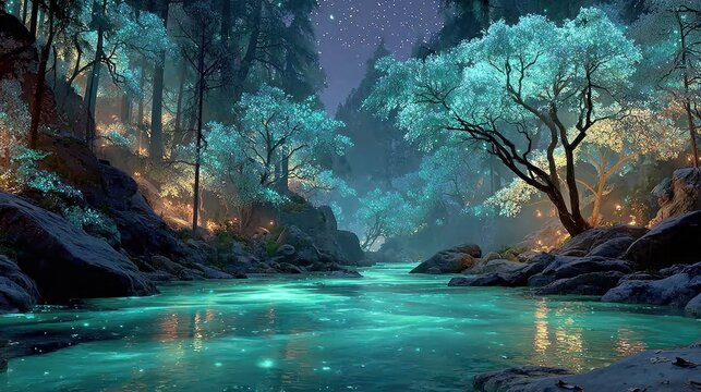 Glowing river in forest landscape.