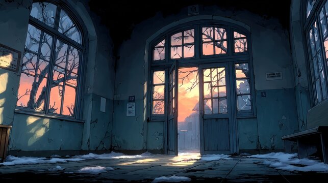 Abandoned building interior with sunset.