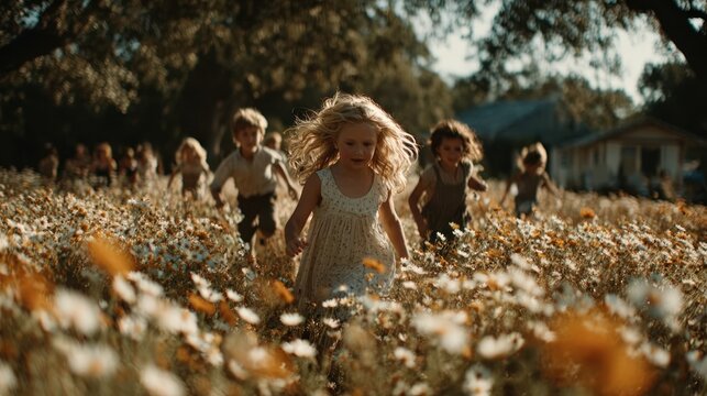 Children playing in flower field.