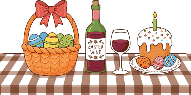 Easter Holiday Feast Table Vector Illustration with Egg Basket, Festive Wine Bottle, Glass, and Decorated Kulich Cake for Seasonal Celebration Graphic Designs