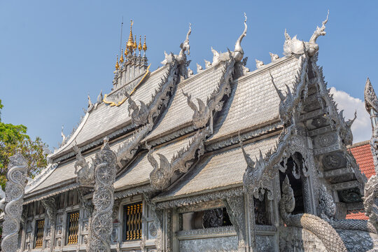 Chiang Mai, Thailand-February 10, 2026;  Wat Sri Suphan known as the Silver Temple showcases the meticulous hand-tooled metalwork of local Lanna artisans. 