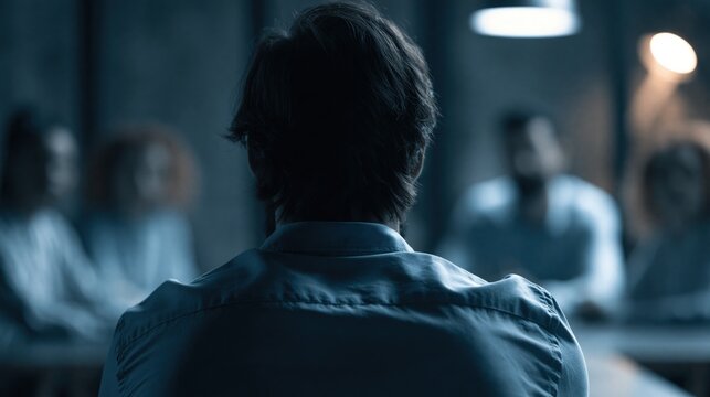 A person faces away from the camera, speaking to a group of people in a dimly lit room.