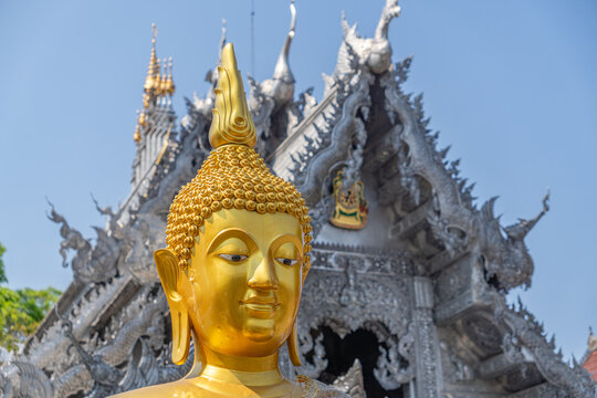 Chiang Mai, Thailand-February 10, 2026;  Close up of buddha statue at Wat Sri Suphan known as the Silver Temple showcases the meticulous hand-tooled metalwork of local Lanna artisans. 
