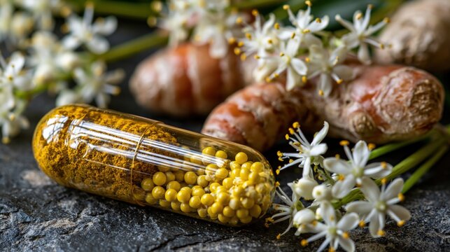 A single capsule filled with yellow granules and powder rests beside turmeric roots and delicate white blossoms.