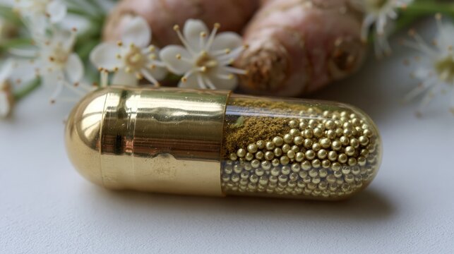 Gleaming golden capsule filled with tiny golden beads and organic powder sits near medicinal roots and delicate white blossoms.